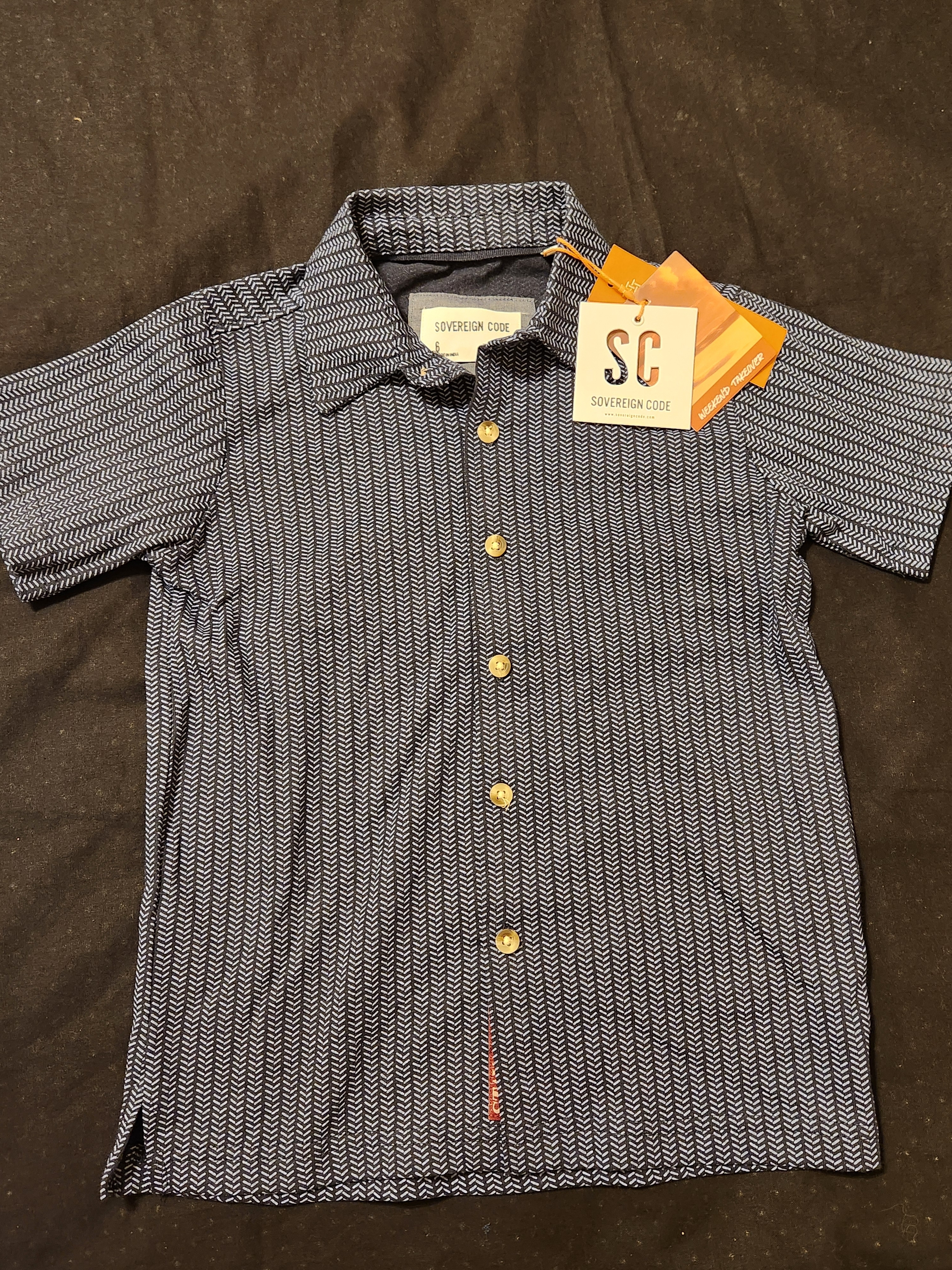 Boy's Size 6 Sovereign Code Navy Chevron-Pattern Short Sleeve Button Shirt